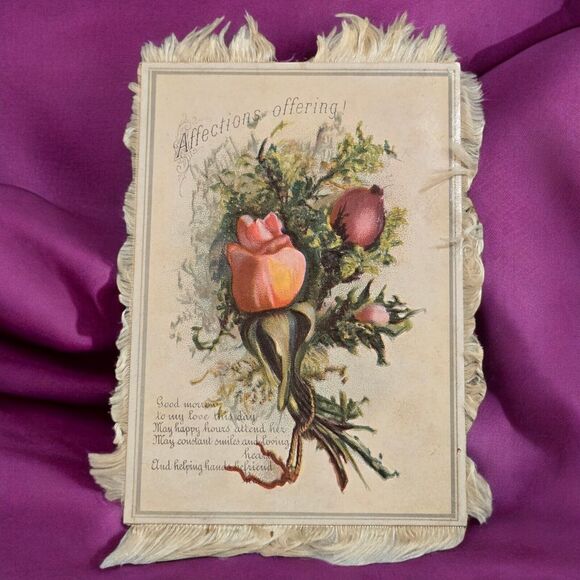 Victorian 2 Sided Novelty Card Fringed Embossed Romance Rose Buds Yellow Flowers - Picture 2 of 2